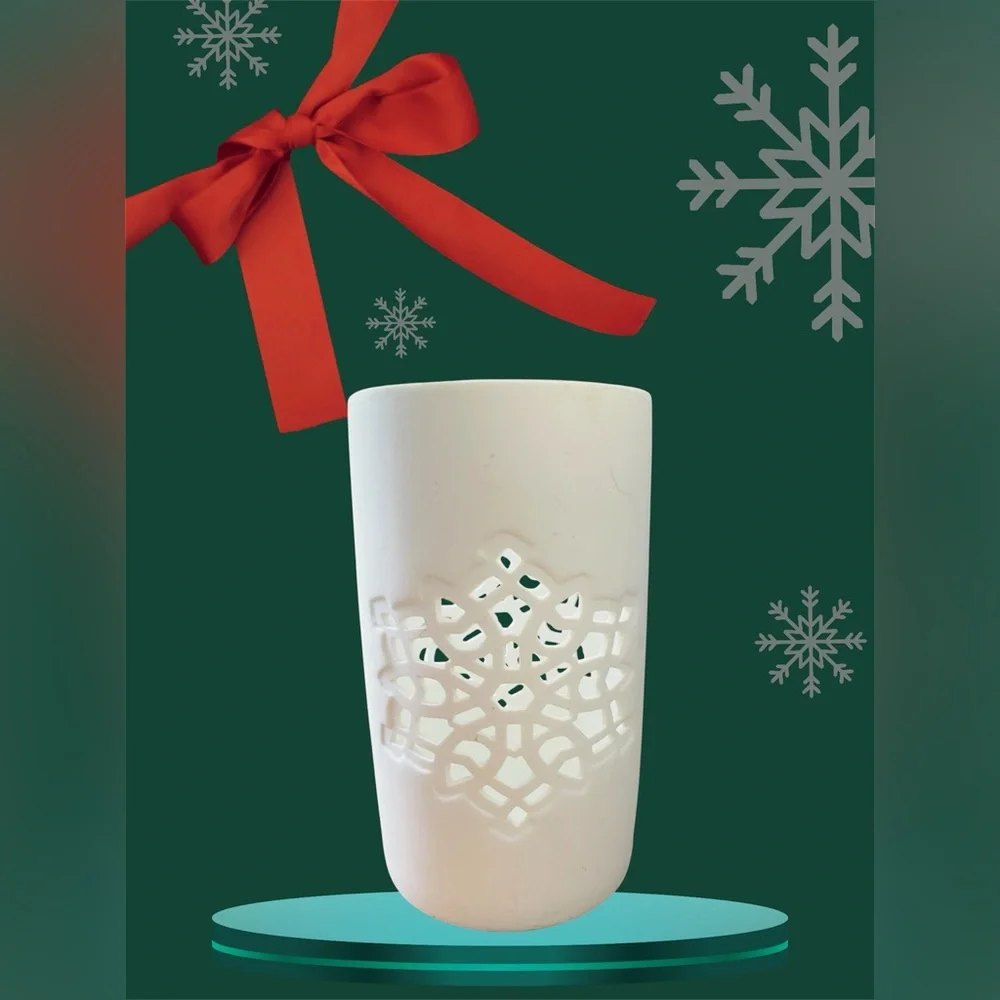 Elegant White Ceramic With Snowflake Cut Out Design Candle Holder